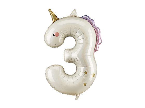 Foil balloon Number ''3'' Unicorn, 93cm, mix