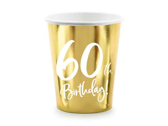 Paper cups 60th Birthday, gold, 220ml (1 pkt / 6 pc.)
