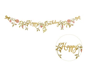 Banner Happy Birthday Flowers, pink-gold, 1.3m
