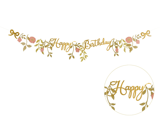 Banner Happy Birthday Flowers, pink-gold, 1.3m