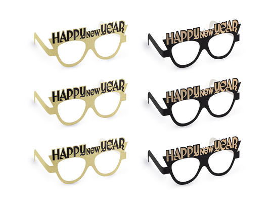 Glasses Happy New Year, 17.5x8.5 cm, black-gold (1 pkt / 3 pc.)