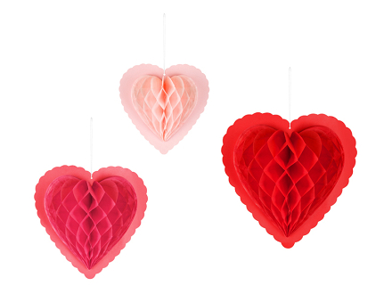 Paper honeycomb decorations Hearts, mix, 20-30 cm