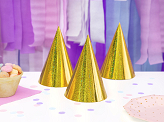 Holographic party hats, gold, 16cm (1 pkt / 6 pc.)