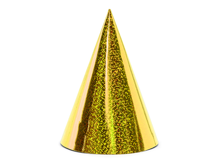 Holographic party hats, gold, 16cm (1 pkt / 6 pc.)