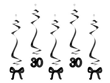 Birthday swirls for the 30th birthday with bows, black, 50 cm (1 pkt / 5 pc.)