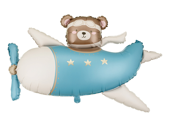 Foil balloon Bear in Airplane, 94x61 cm, light blue