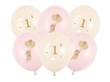 Balloons 30 cm, Mice with number 1, Pale Pink (1 pkt / 6 pc.)