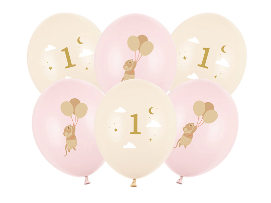 Balloons 30 cm, Mice with number 1, Pale Pink (1 pkt / 6 pc.)