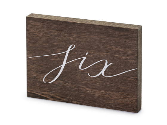 Wooden table number, ''Six'', 2x18x12.5 cm