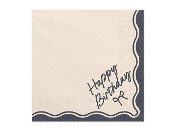 Napkins Happy Birthday Bow, 33x33 cm, beige-black (1 pkt / 12 pc.)