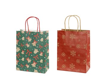 Gift bags Snowflakes and bells, 19x25x10 cm, red and green (1 pkt / 6 pc.)