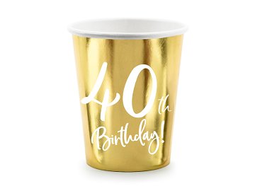 Paper cups 40th Birthday, gold, 220ml (1 pkt / 6 pc.)