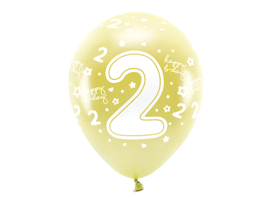 Metallic Eco Balloons 33 cm, Number '' 2 '', light gold (1 pkt / 6 pc.)