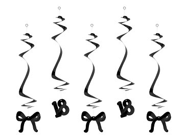 Birthday swirls for the 18th birthday with bows, black, 50 cm (1 pkt / 5 pc.)