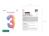 Foil Balloon Number ''3'', 86cm, pastel rainbow
