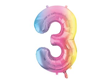 Foil Balloon Number ''3'', 86cm, pastel rainbow