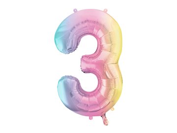 Foil Balloon Number ''3'', 86cm, pastel rainbow