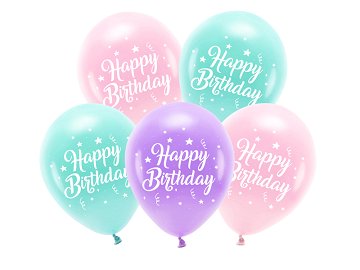 Eco Balloons 26 cm, Happy Birthday, pink (1 pkt / 5 pc.)