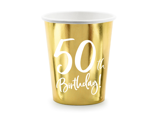 Paper cups 50th Birthday, gold, 220ml (1 pkt / 6 pc.)