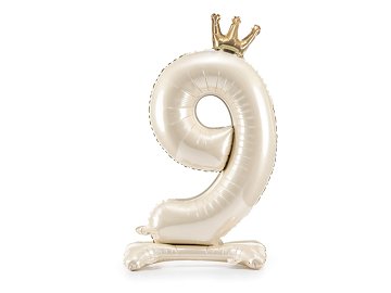 Standing foil balloon number ''9'', 84 cm, light cream