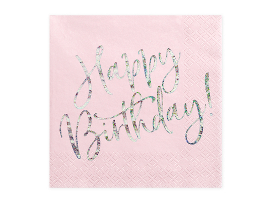 Napkins Happy Birthday, light powder pink, 33x33cm (1 pkt / 20 pc.)