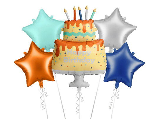 Foil balloon set Colourful Cake Happy Birthday, mix (1 pkt / 5 pc.)